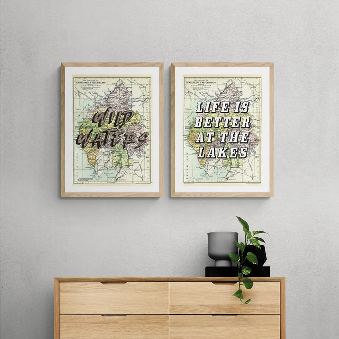 Wild Waters (Lake District Map) Vintage Map Art - Framed - Beach House Art