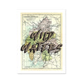 A vintage map art print of the Lake District with playful typography overlaying the map features.