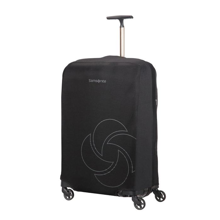 Black XL luggage cover by Samsonite, designed to protect and fit large suitcases with a sleek, stretchy design.